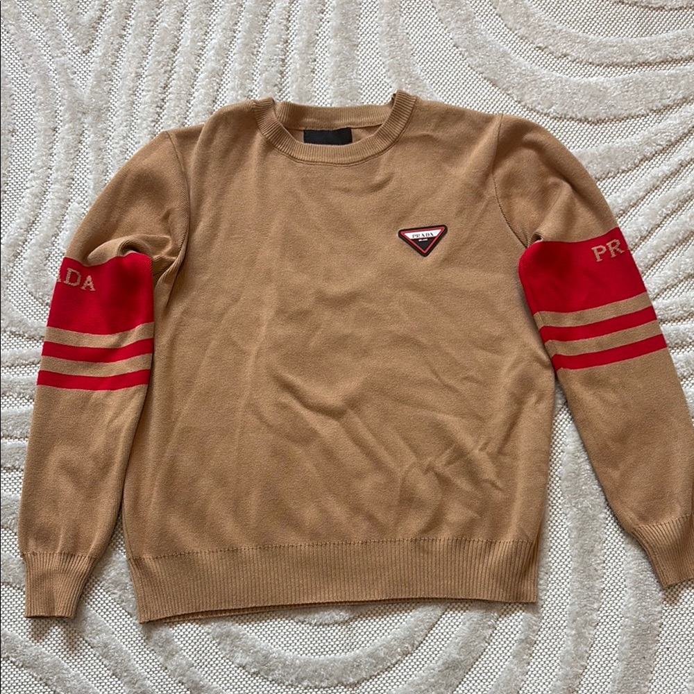 Woman’s Tan and Red Crewneck Sweater with Bold Stripes